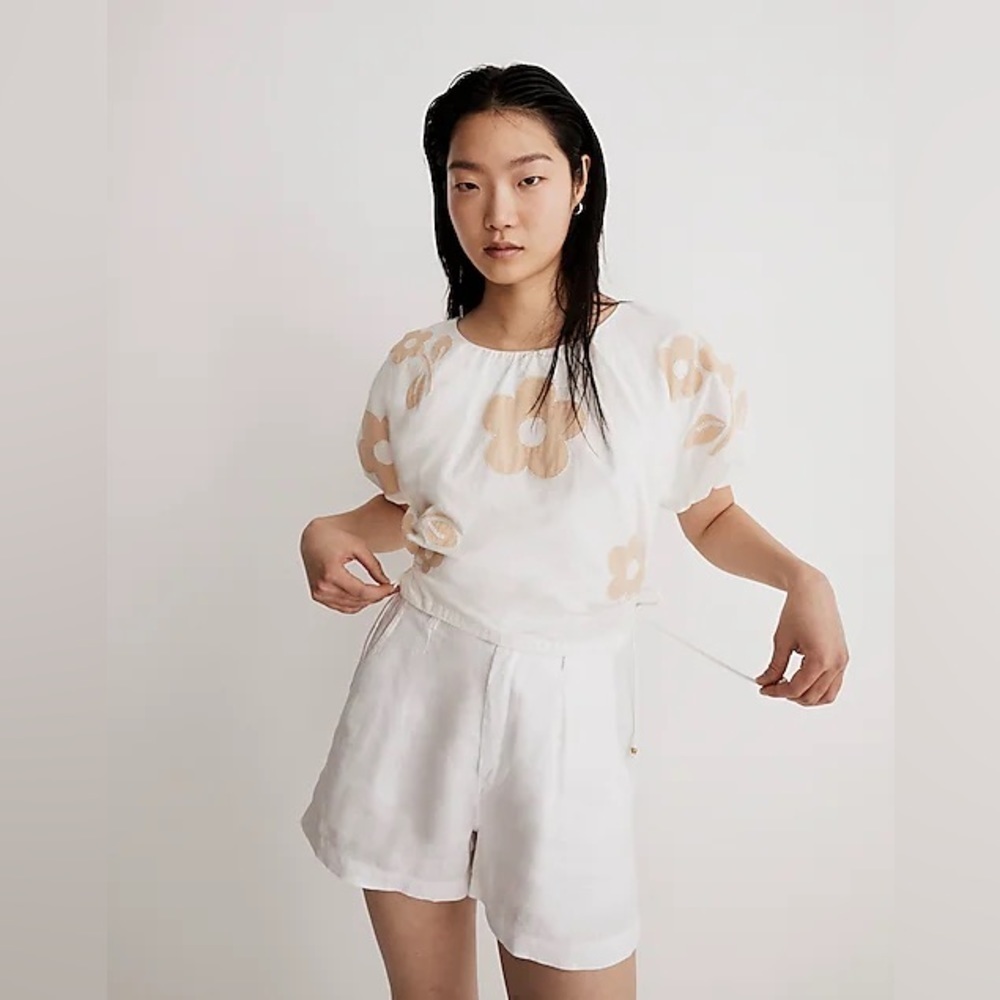 Madewell Embroidered Poplin Puff-Sleeve Cutout Crop Top